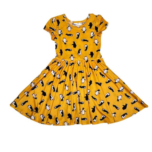 Dot Dot Smile Girls 3 4 Yellow Cap Sleeve Twirl Dress Christmas Winter Penguin - Picture 1 of 7